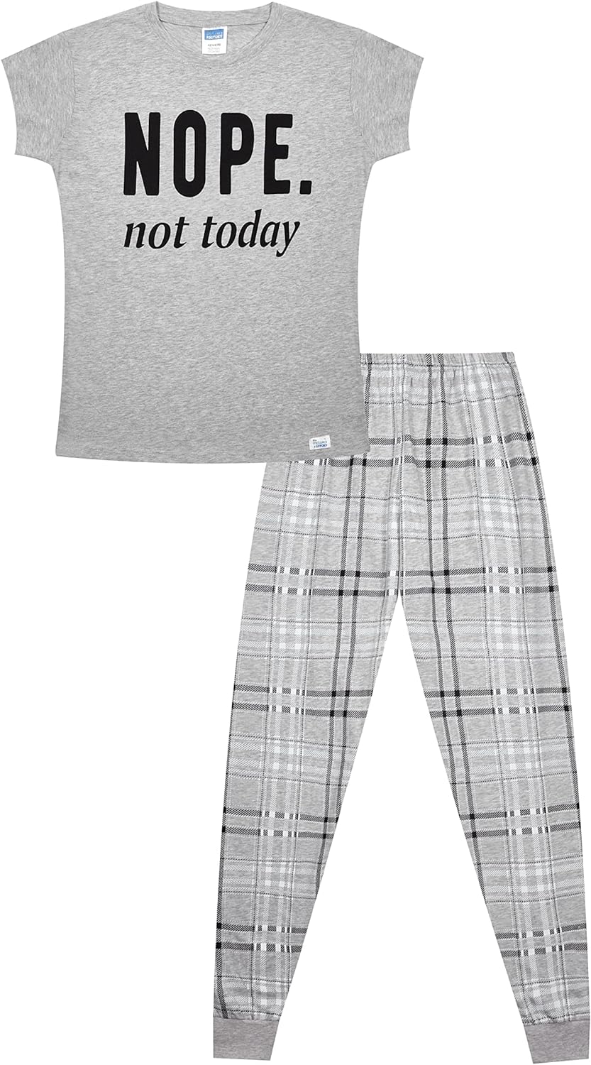 Girls Cheeky Nope Not Today Checked Leg Long Cotton Pyjamas