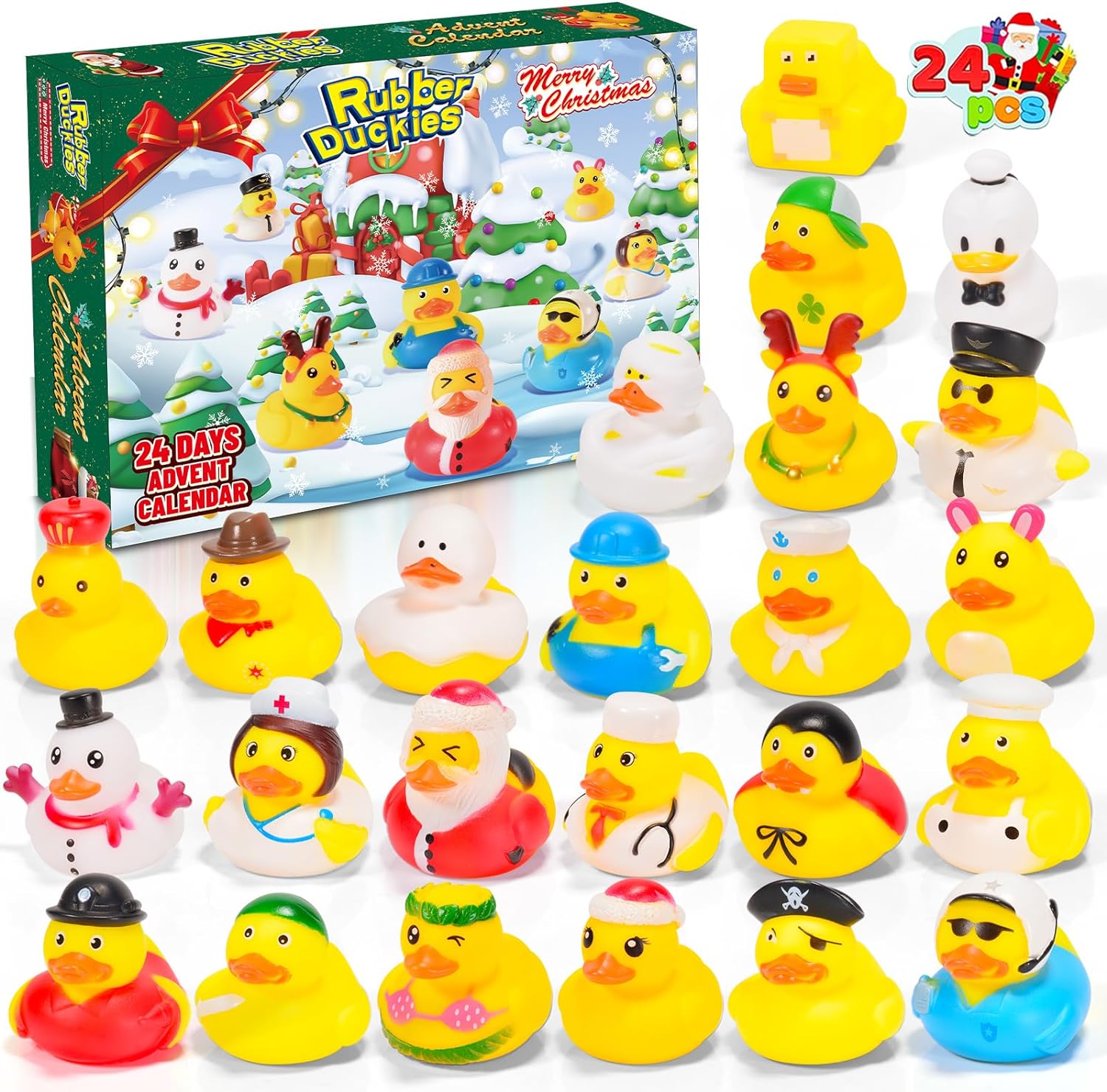 SUMSYNC Christmas Advent Calendar 2023 | 24 Rubber Ducks Toys For 2 3 4 5 6 7 8 Year-Old Boys Girls Kids Toddlers | Creative Christmas Gift For Boys Girls | Rubber Ducky Bath Toy, Green