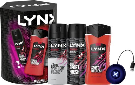 LYNX Recharge Trio Gift Set: Bodywash, spray, anti-perspirant, plus Wireless Charging Pad. Ideal for daily routine.