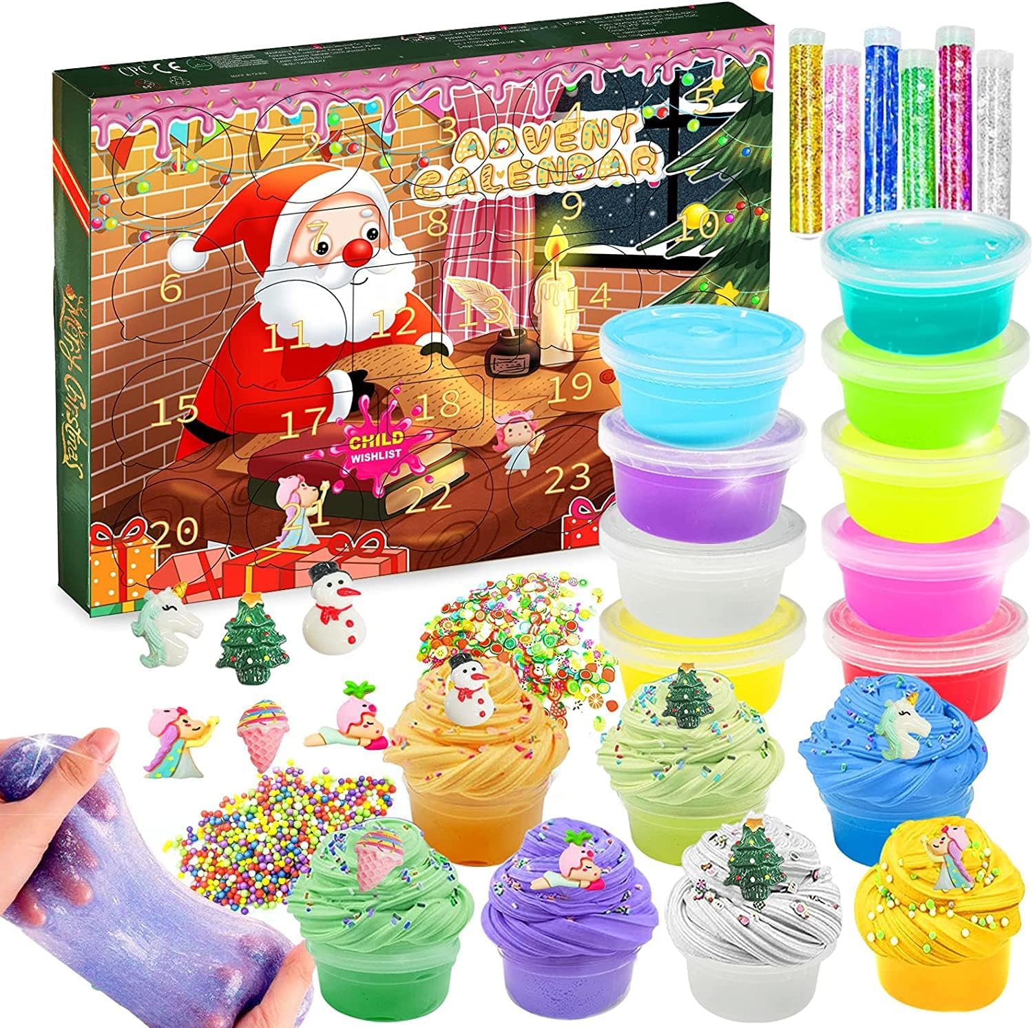 Slime Advent Calendar 2023 for Girls and Boys Christmas DIY Fluffy Crystal Slime Making Kit 24 Days Countdown Calendar Xmas Holiday Brithday Party Gift for Toddler Kids Teens