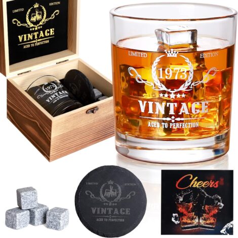 50th Bday Whiskey Glass Set – Vintage 1973, Anniversary Gift Ideas for Men, Wood Box Included.