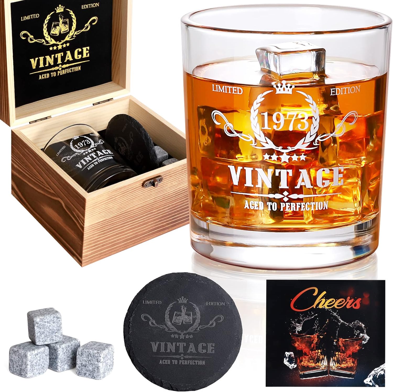 50th Birthday Gifts Men, Vintage 1973 Whiskey Glass Set - 50th Birthday Decorations - 50 Years Anniversary, Bday Gifts Ideas for Him, Dad, Husband, Friends - Wood Box & Whiskey Stones & Coaster