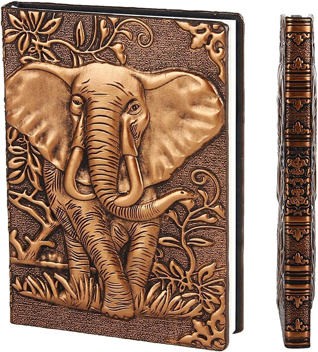 XUAN Leather Notebook A5 Travel Journal Hardcover Diary Embossed Notepad Lined Page Yellow-White Paper Valentines Anniversary Birthday Gift for Men Women 3D Elephant Copper