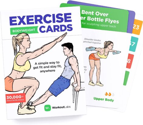 Compact, versatile Exercise Cards for Women and Men with 60 Bodyweight exercises and 12 No Equipment routines.