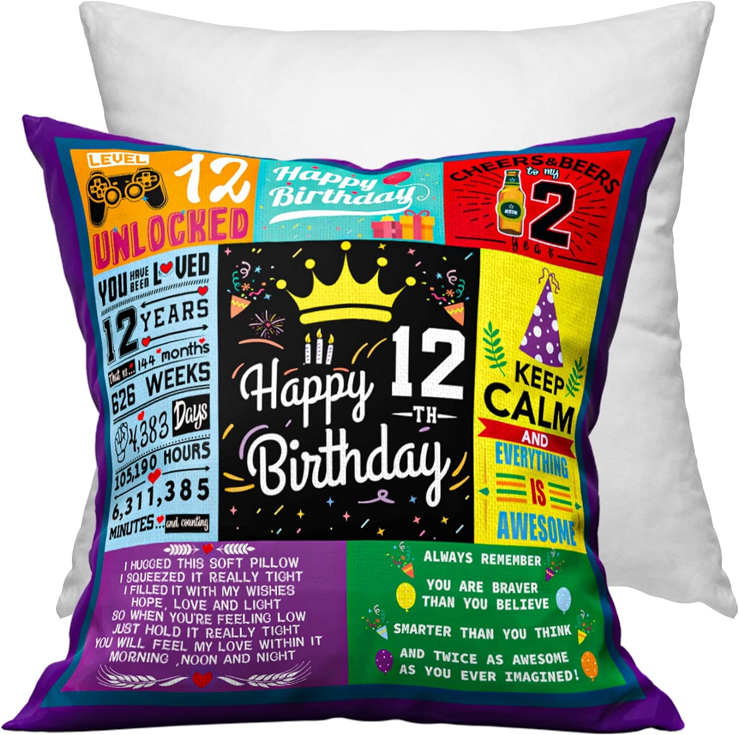 Joykindom 12th Birthday Cushion Cover with Cushion Insert Happy Birthday Gifts for Girls Boys Double-sided 12th Birthday Cushion Cover 45cm×45cm Colourful 12th Birthday Gifts Party Favours