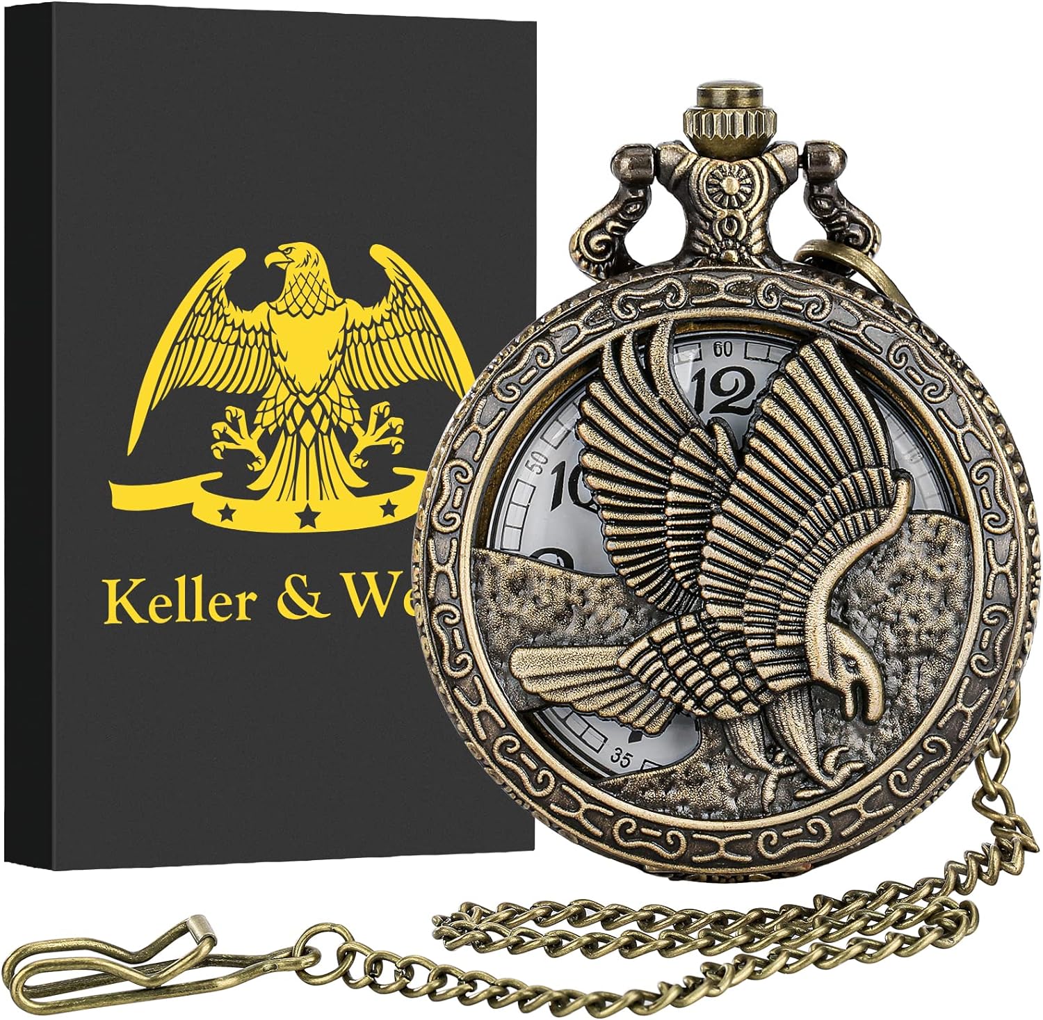 Keller & Weber Vintage Pocket Watch for Men, Gift Ideas, FOB Watches and Chain, Mens Birthday Necklace Gift Set, Christmas Gifts, Father's Day Gifts for Dad, Husband, Boyfriend, Boy, Gift Box and Card