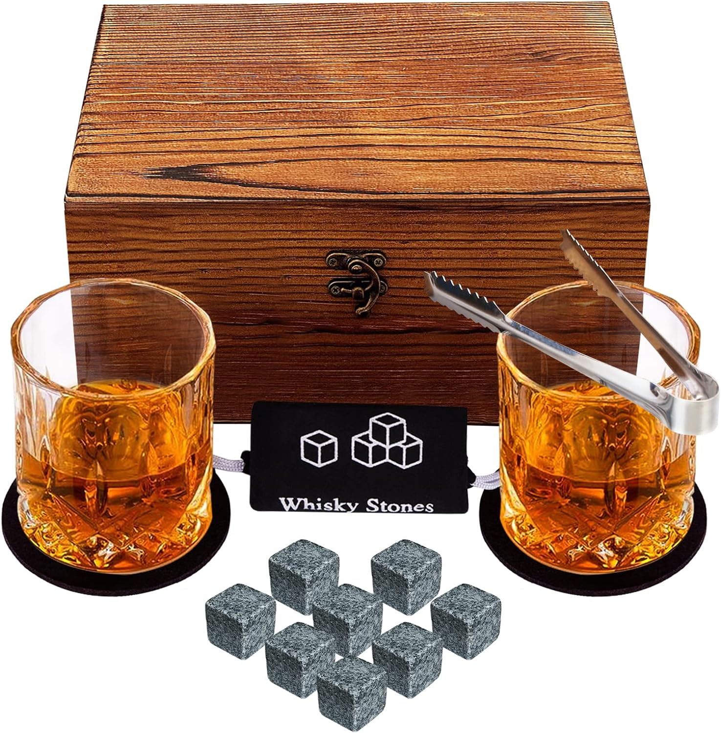 Whiskey Stones and Glass Gift Set for Men, KAQ 2 Whisky Glasses and 8 Natural Whiskey Stones in a Exquisite Wooden Box, Christmas/Thanksgiving/Father's Day/Birthday Gift for Family and Friends