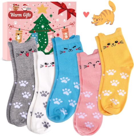 Christmas-themed cat socks for women, cozy and humorous, perfect as stocking stuffers or gifts for girls and women.