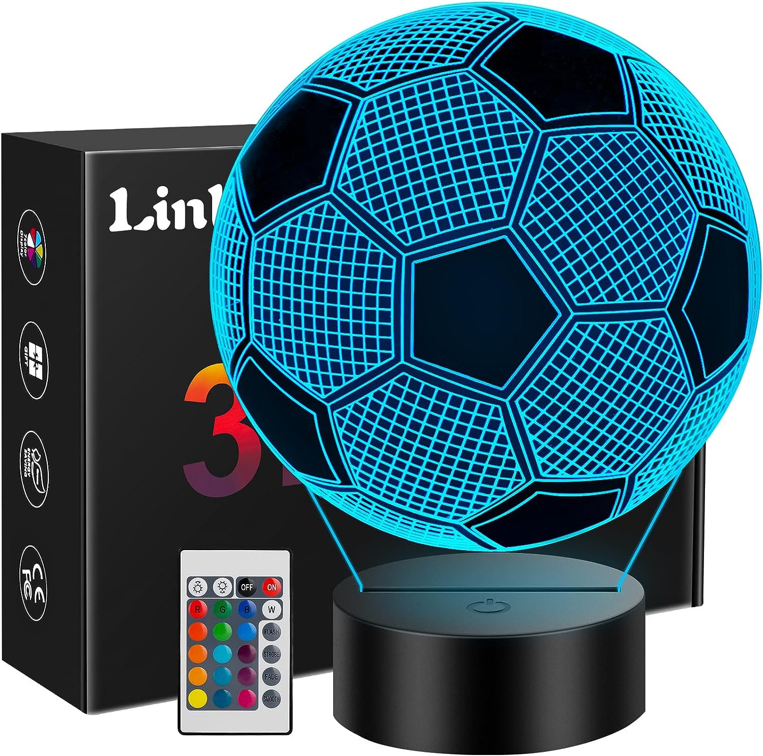 Football Gifts for Boys, Linkax 3D Illusion Night Lamp, Football Night Light for Kids Girls, 16 Colors Change with Remote Control, Christmas Birthday Gift, Bedroom Accessories Decor for Football Fans