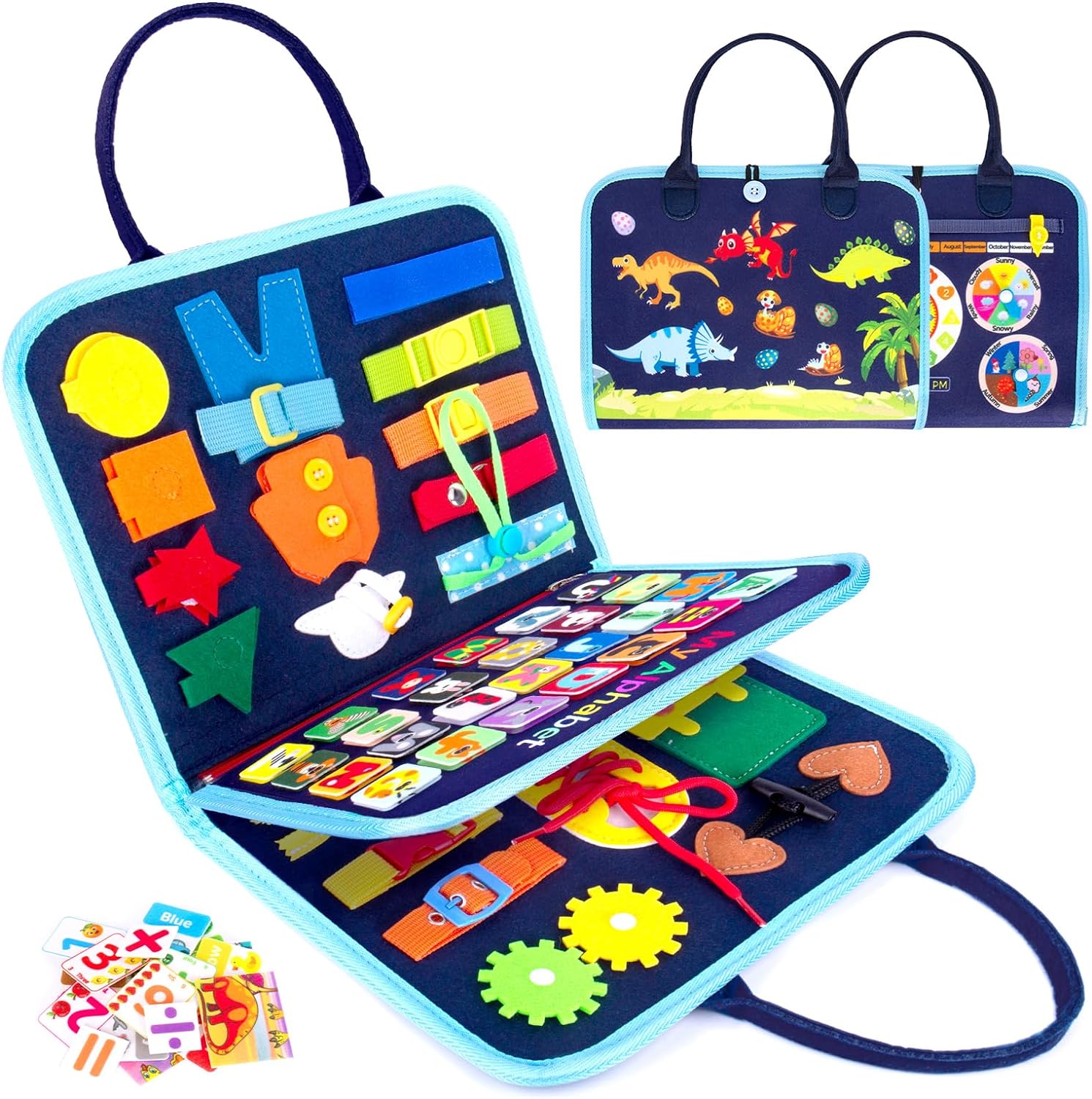 SPLAKS Busy Board, 20 in 1 Toddlers Toys Sensory Toys Activity Board for Learning Fine Motor Skills Preschool Educational Learning Toys Gift for Boys Girls-Dinosaur