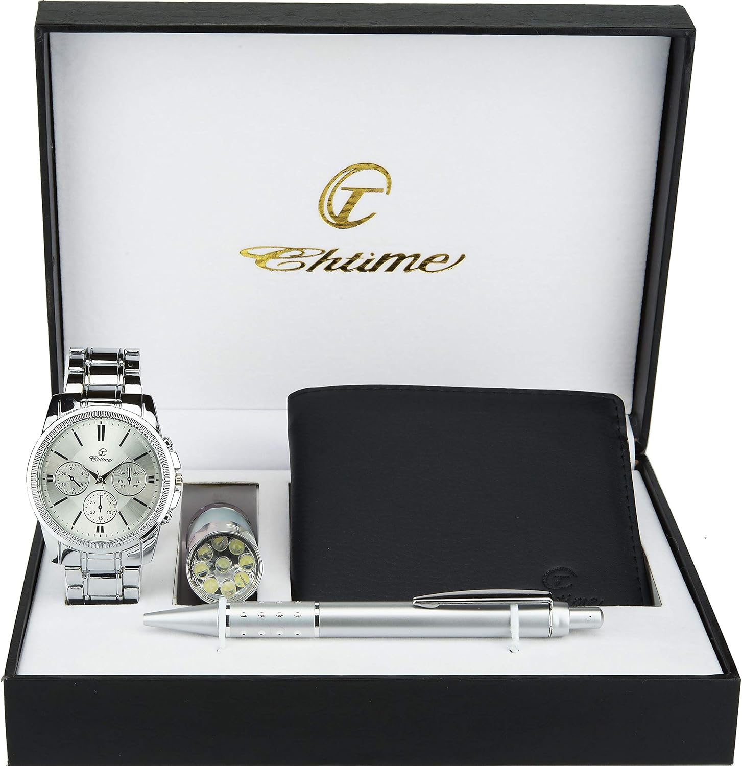 Gift Set Men's Watch Silver- LED Lamp - Wallet - Pen