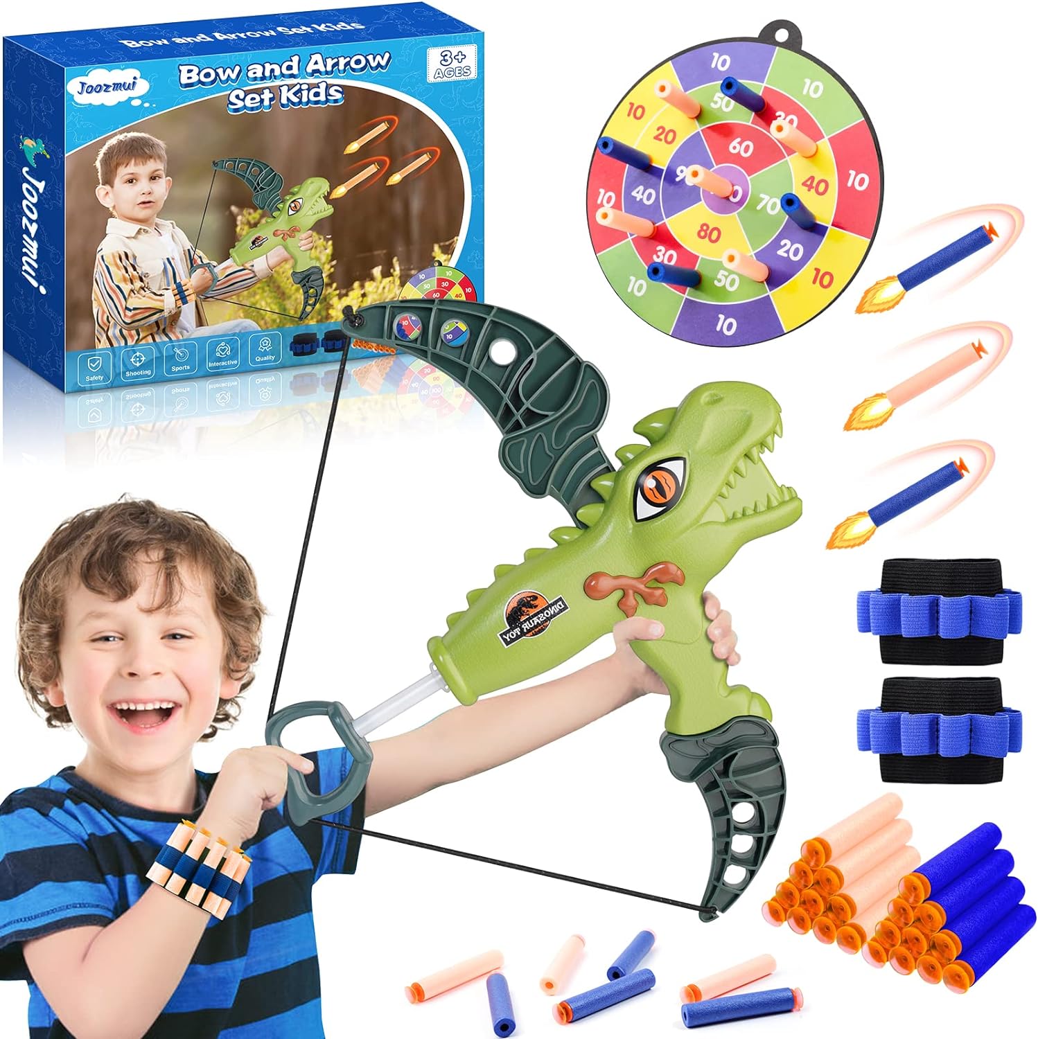 Joozmui Outdoor Toys for 3 4 5 6 7 8 Year Old Boys, Bow and Arrow Set Kids Boys Toys Age 3-8 Year Old Boy Gifts Dinosaur Toys for Boys Gifts for 3-8 Year Old Boys Nerf Archery Set (Green)