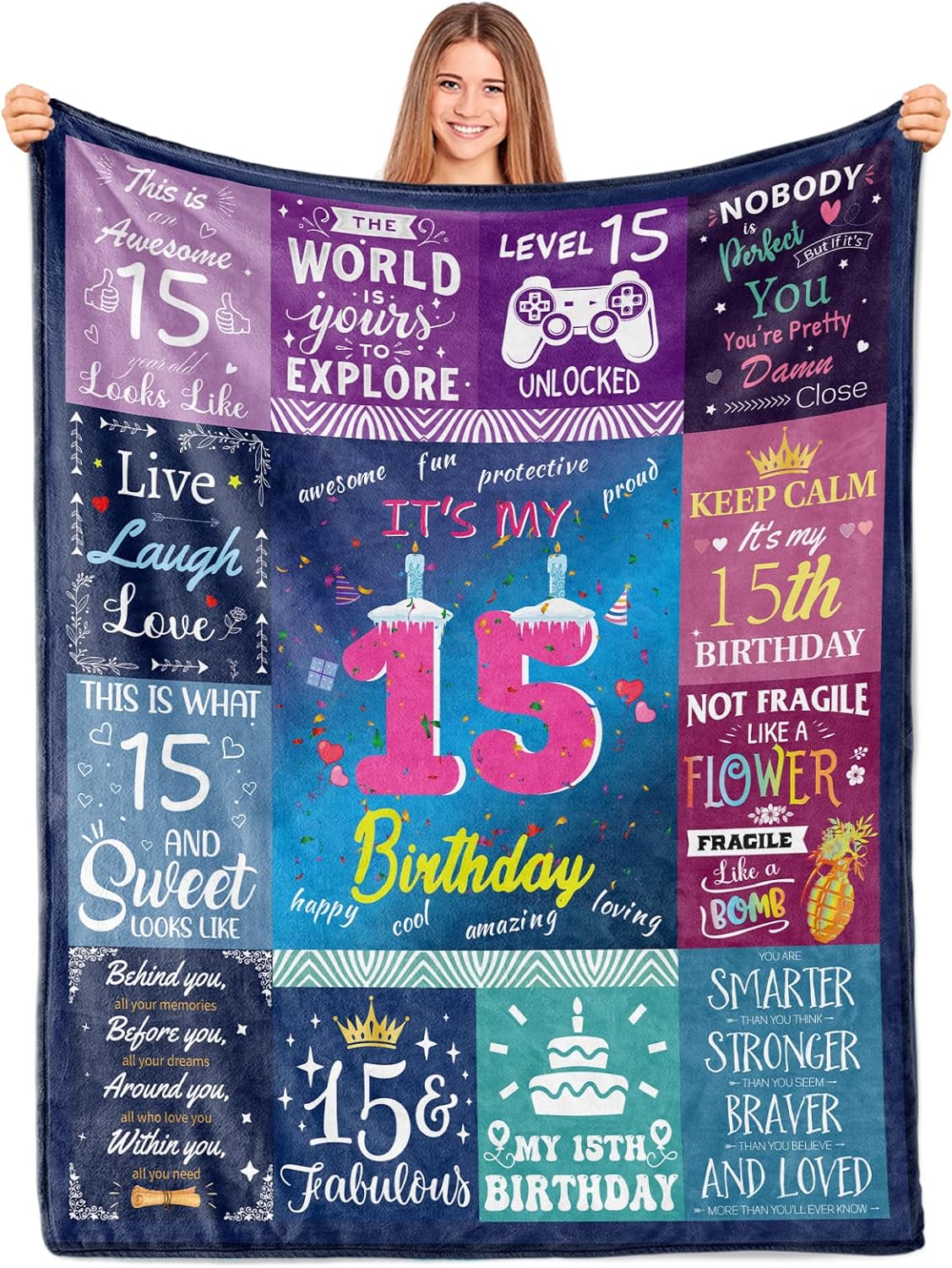 Paready 15th Birthday Gifts for Girls Throw Blanket 50"x60" 15 Year Old Girl Birthday Gift Soft Blanket for Couch Bed 15th Birthday Decorations for Girls Best Teenage Girl Gifts for 15 Year Old Girls