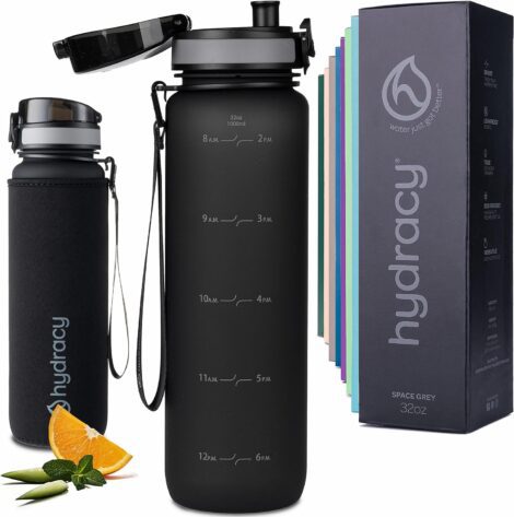 Hydracy Time Marker Water Bottle – 1L BPA-Free, No Sweat Sleeve, Leak Proof, Fruit Infuser, Fitness Ideal