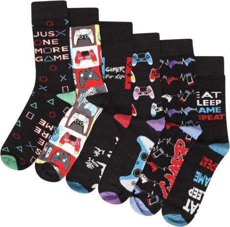 Gamer For Life Socks – 6 pairs with assorted gaming controller designs and contrasting heels and toes. UK Size 6-11.