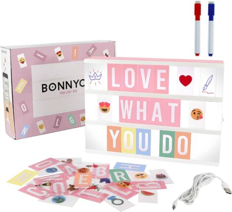 Pink Cinema Light Box – 400 Letters, Emojis & Markers. A4 LED for Girl Room Decor, Home, Baby Shower. Novelty Gifts for Women and Girls.