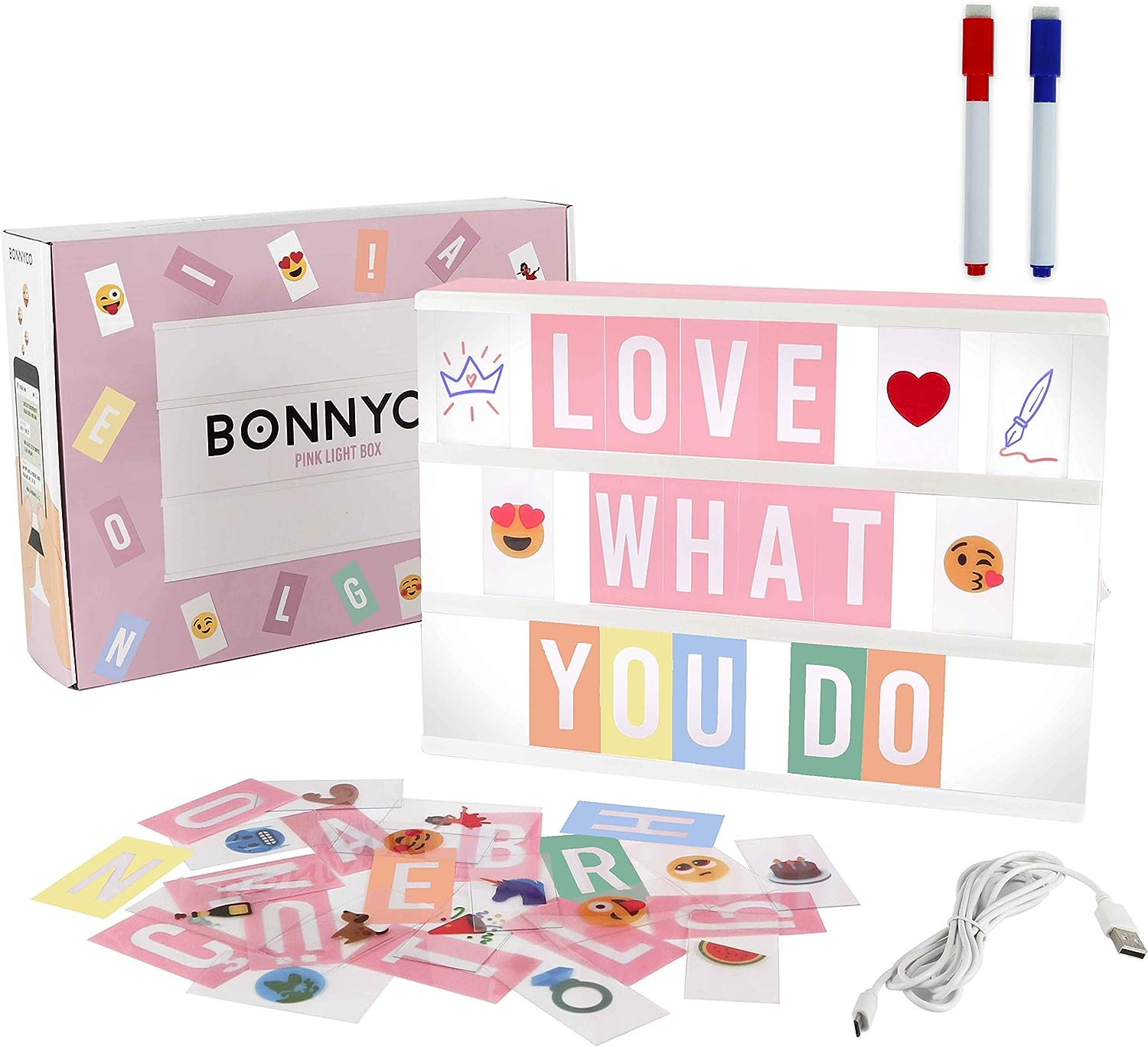 BONNYCO Pink Cinema Light Box with 400 Letters, Emojis & 2 Markers A4 Led Light Box Girl Room Decor, Home, Baby Shower | Letter Board Novelty Gifts for Women and Girls at Christmas, Birthdays