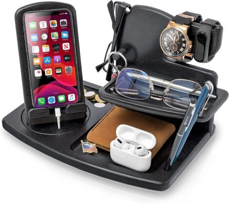 Teslyar Rotating Wood Docking Station: Key Holder, Wallet Stand, Watch Organizer, Anniversay Gift for Men, Black