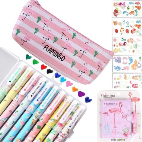 Flamingo Gel Pens and Pencil Case Set: Cute Stationary for Girls’ Back-to-School Gift!