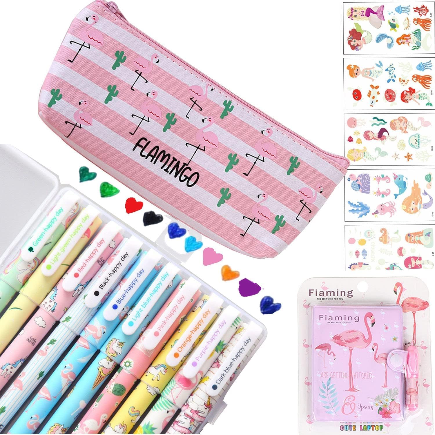 Cute Stationary Pencil Case Pens Set for Girls Kids Teens School Gift Present Supplies with 10 Colors Flamingo Gel Pens 1 Pencil Case for Student Back to School Birthday Gift Stationary Set