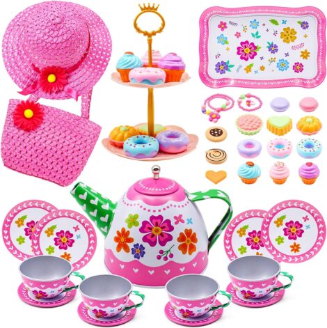 34-piece tea set for young girls, princess pretend play toy with teapot, dishes, and accessories.