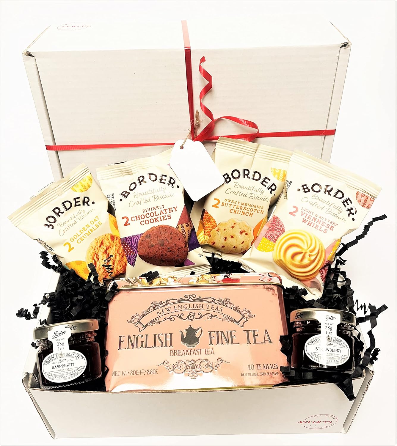 AST Gifts Tea and Biscuit Hamper, Border Biscuits, Strawberry and Raspberry/Blackcurrant Jam Gift Set, Afternoon Tea Box for All Occasions