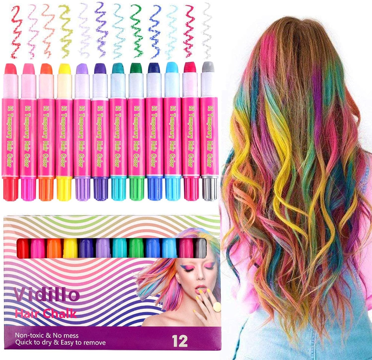 Hair Chalk Color Set for Girls Kids Christmas Birthday Gifts, 12 Colors Temporary Non-Toxic Portable Hair Chalk Pens For Party and Cosplay DIY Present, Washable Hair Color Safe For Kids And Teens