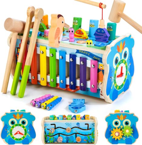 KIDWILL 7-in-1 Wooden Toy with Hammering and Whack-a-Mole Activities, Montessori Educational Gift for Toddlers (HPT12).