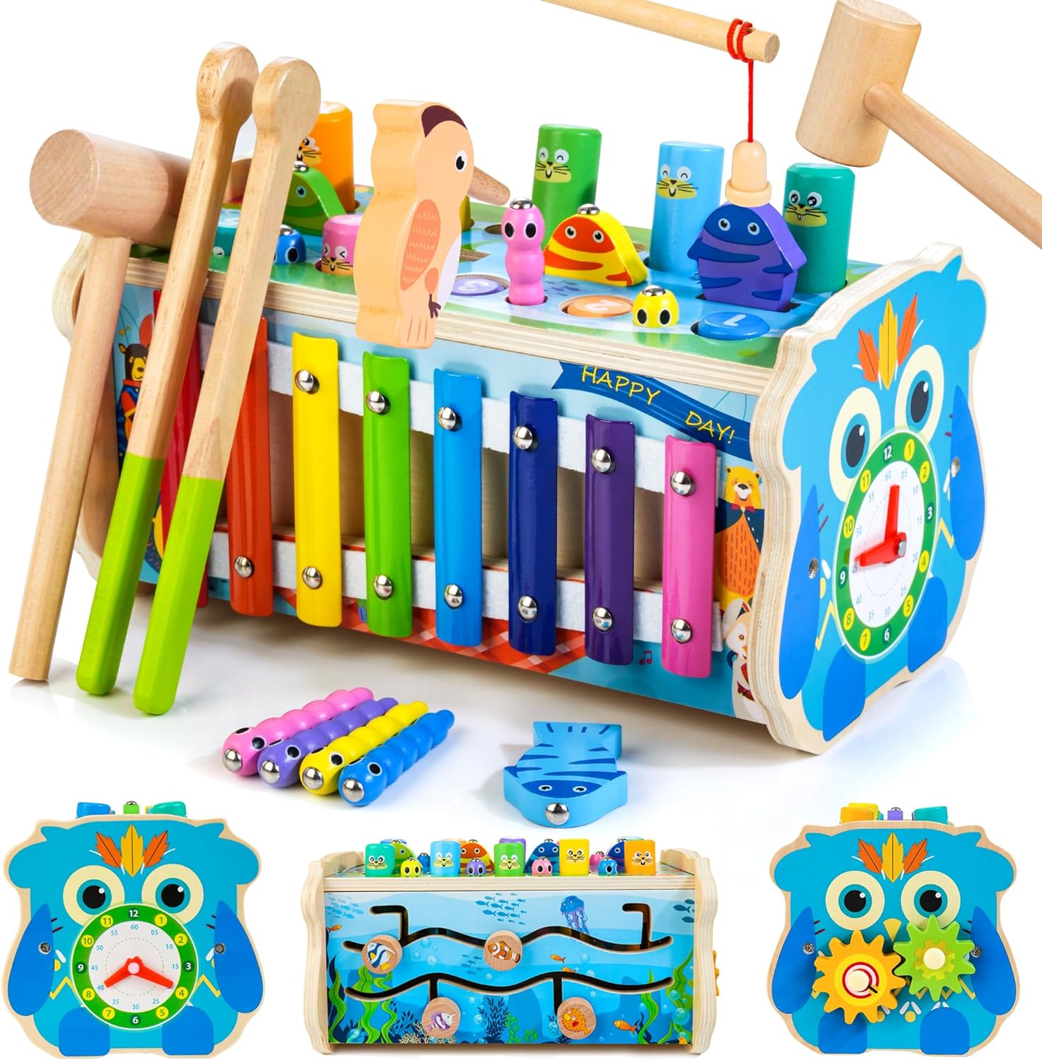 KIDWILL 7-in-1 Wooden Hammering Pounding Toy, Whack-a-Mole Game with Magnetic Woodpecker Worms Fish Rod Montessori Educational Activity Toys with Hammers & Mallets Gift Toddlers Age 1 2 3 (HPT12)