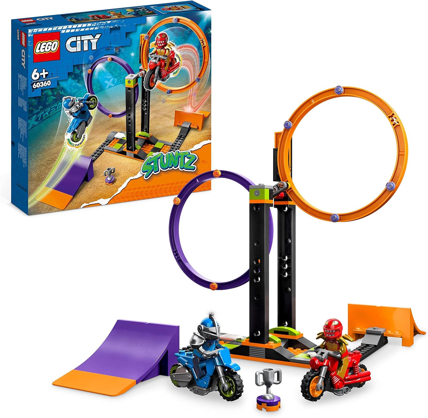 LEGO 60360 City Stuntz Spinning Stunt Challenge, 1 or 2 Player Contests with Flywheel-Powered Motorbike Toys for Kids, Boys & Girls 6 Plus years old, Fun Gift Idea