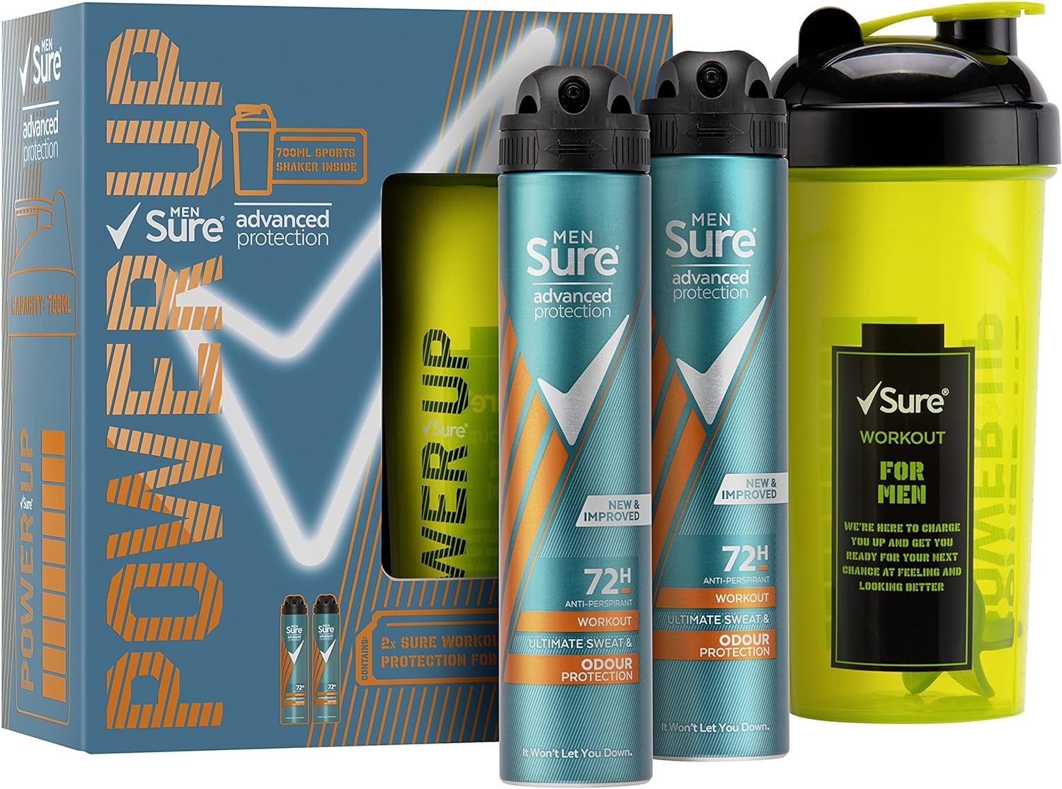 Sure Men Advanced Protection Workout Gift Set For Gym Lovers 2 x 200ml Anti Perspirant Deodorant for Men with 700ml Protein Shaker Bottle