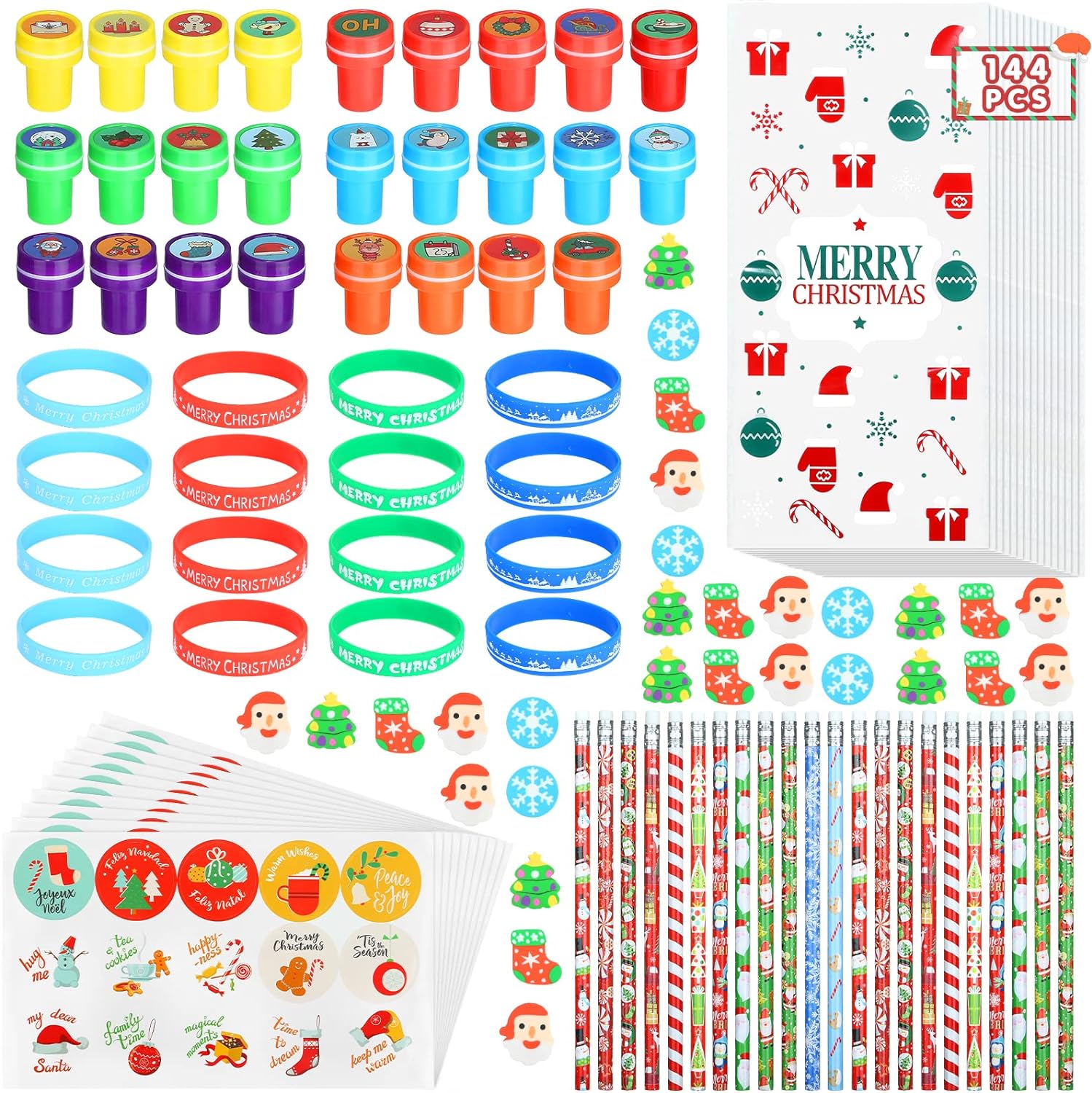 Kesote 144Pcs Christmas Party Favor Pack Christmas Ink Stampers/Xmas Pencils/Erasers/Treat Bags/Wristbands/Stickers Christmas Party Goodies Bags Fillers