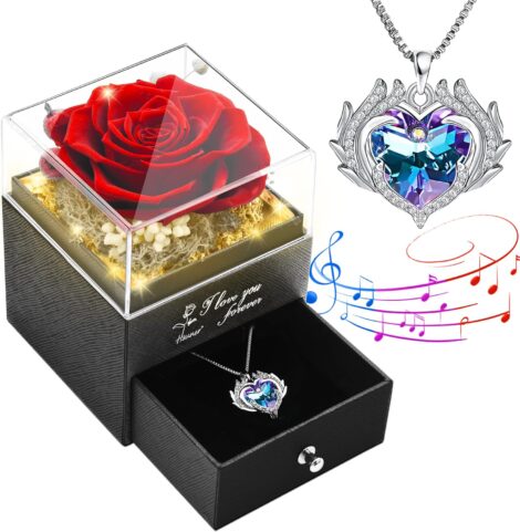 Mother’s Day Preserved Rose Gift Set: Angel Wing Necklace, Sunshine Music Box. Romantic & Sentimental Present for Mom/Wife.