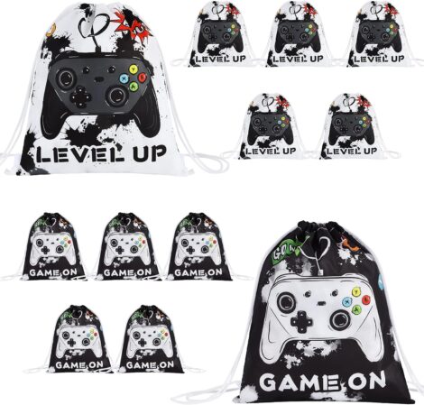 Watercolor video game drawstring bag – set of 12 gamer party bags: birthday return gifts for kids, boys, and teens. Perfect for swimming, school, travel, and gym. (25 x 30cm)