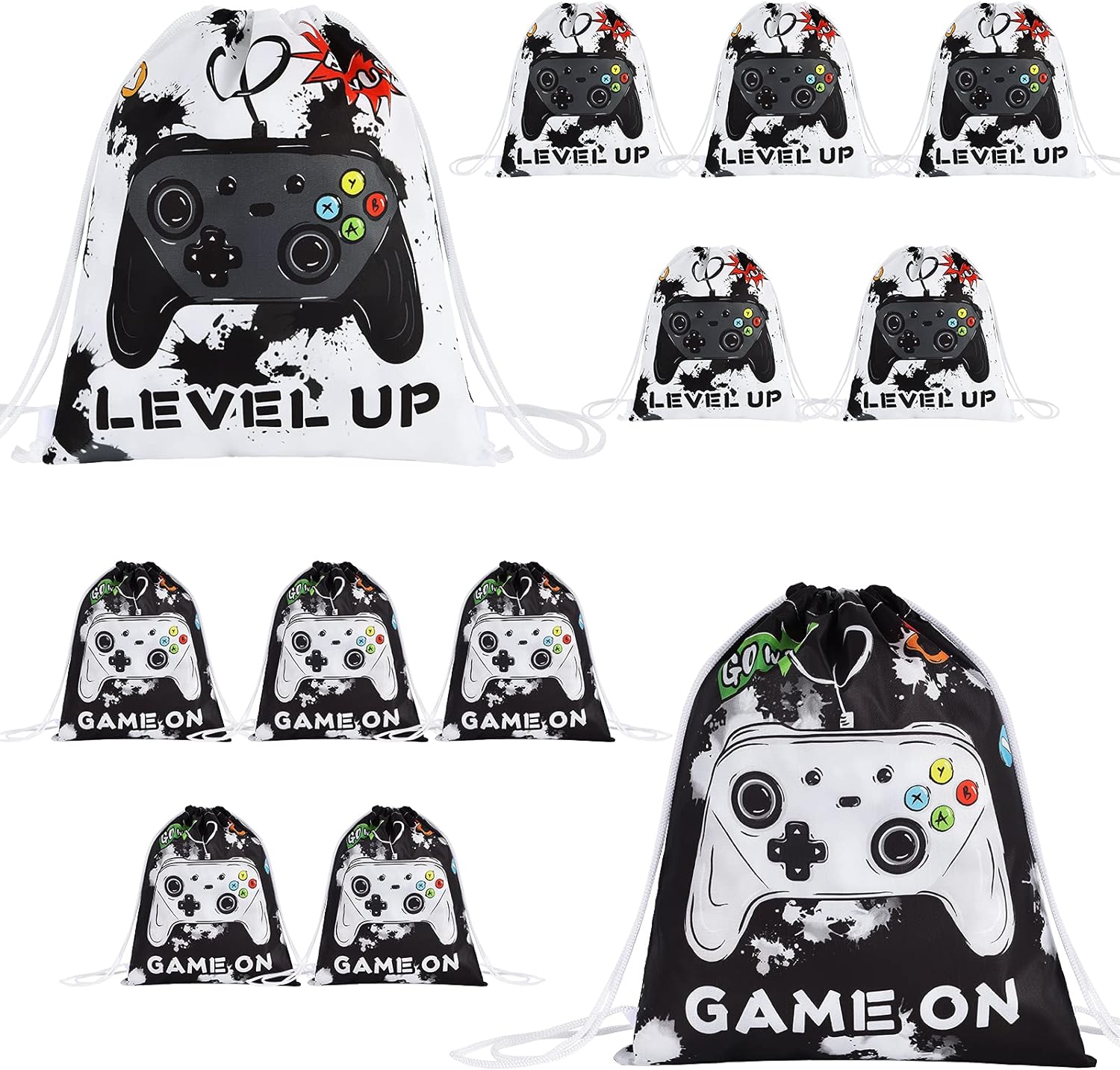 Watercolor Video Game Drawstring Bag - 12 Pack Gamer Party Bags for Birthday Return Gift Bags for Kids Boys Teenager Gaming Party Gifts Goodie Bags for Swimming School Travel Gym (25 x 30cm)