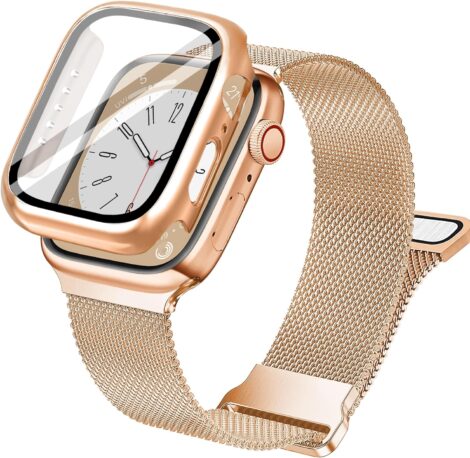 Vamyzji Apple Watch Strap 41mm with Case – Rose Gold Milanese Mesh Band, Stainless Steel.