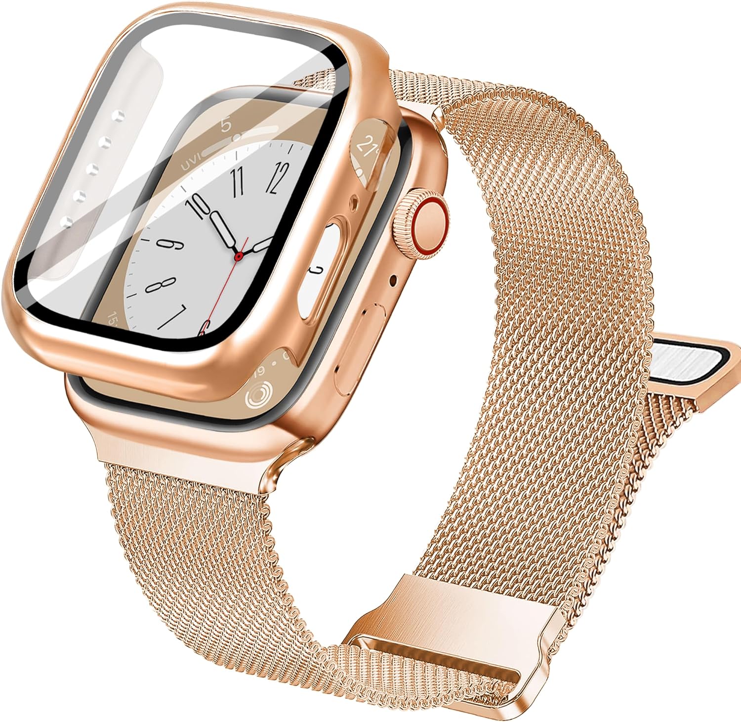 Vamyzji Compatible with Apple Watch Serie 9 8 7 Strap 41mm with Case,Stainless Steel Mesh Loop Magnetic Milanese Adjustable Band for Apple Watch Serie 9 Serie 8 41mm,Serie 7 41mm Women Men(Rose Gold)