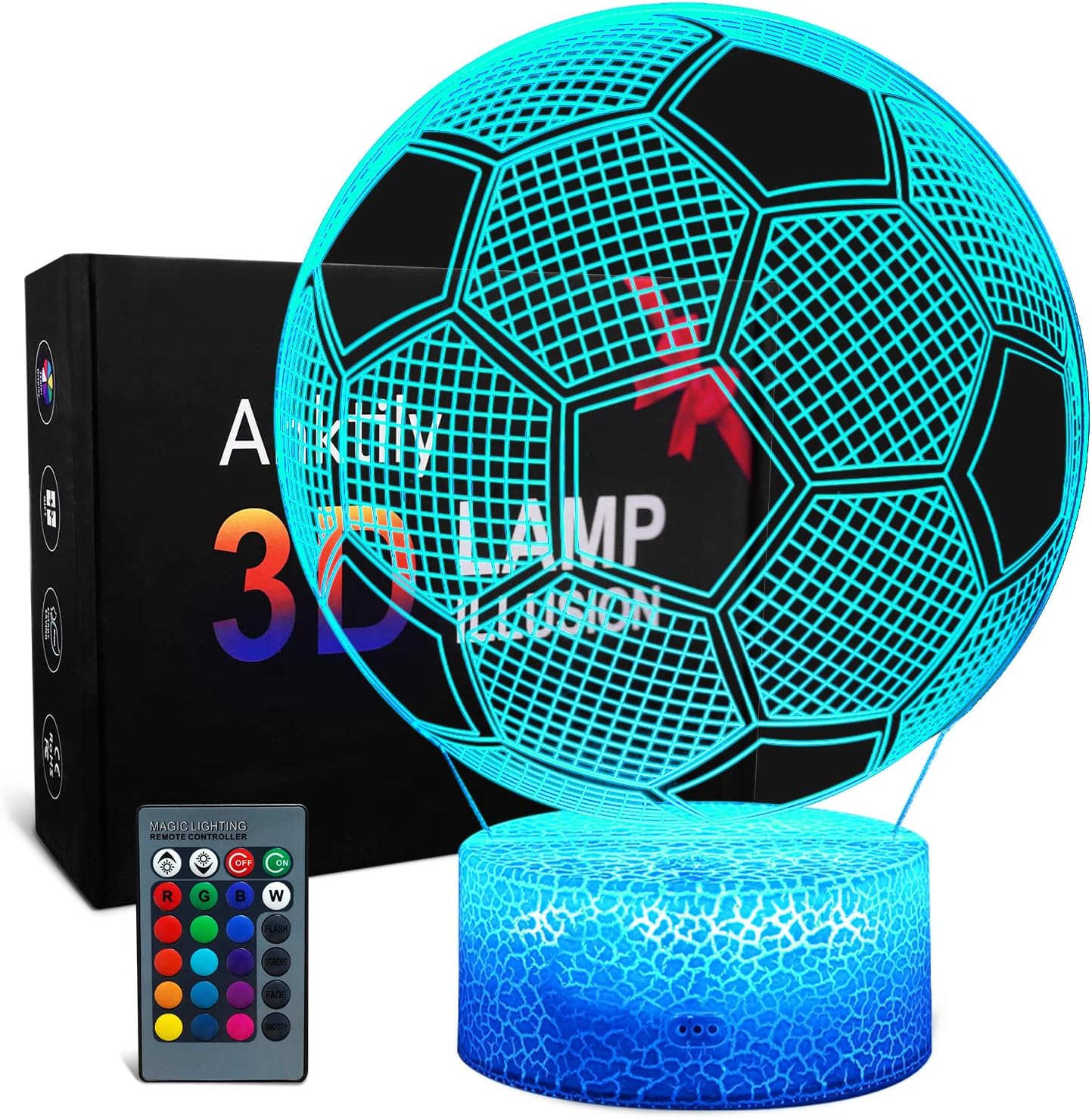 Kids Night Light Football 3D Illusion Lamp with Remote Control 16 Colors Desk Table Light Soccer Birthday Xmas Valentine's Day Gift for Sport Fans Boys Girls(Cracked Base)