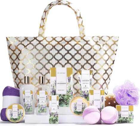 15pc Spa Luxetique Lavender Bath Set in Golden Bag: Pampering Gifts for Women, Mum, Her.