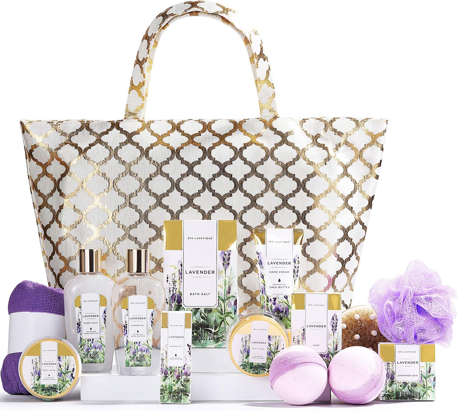 Spa Luxetique Lavender Bath Set, 15pcs Spa Gift Set, Pamper Gifts for Women, Bath Gift Set in Golden Bag with Body Scrub, Body Butter, Hand Cream, Gifts for Mum, Gift for Her