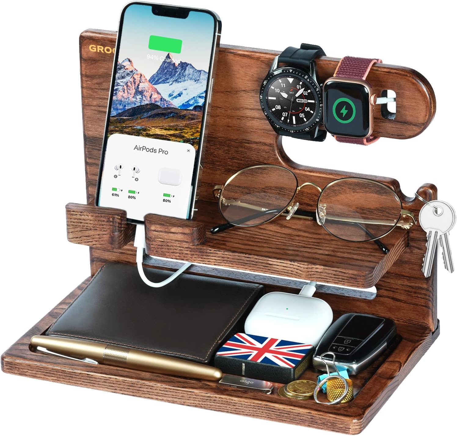 Gifts for Men Him Bedside Organiser, Birthday Gifts Ideas for Dad Daddy Grandad from Daughter Son, Ash Wooden Phone Docking Station Anniversary Christmas Presents for Men Women Husband Boyfriend