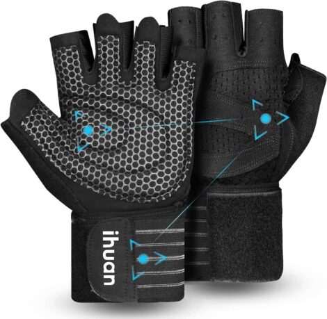 ihuan Ventilated Gym Gloves with Wrist Wrap Support, Full Palm Protection, for Weightlifting & Fitness.