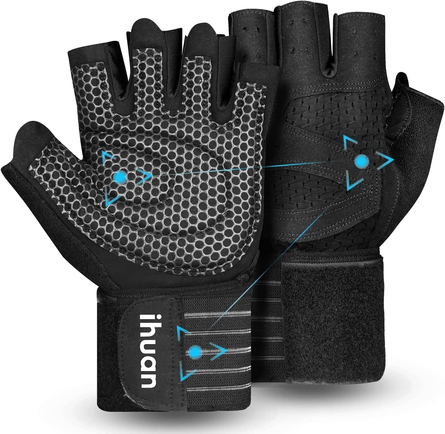 ihuan Ventilated Weight Lifting Gym Workout Gloves with Wrist Wrap Support for Men & Women, Full Palm Protection, for Weightlifting, Training, Fitness, Hanging, Pull ups