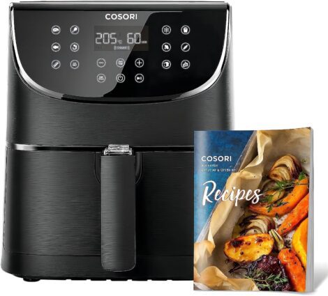 COSORI 5.5L Air Fryer: Energy-saving 1700W with 11 presets, non-stick basket.