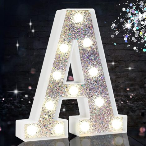 Battery-powered silver LED letter lights perfect for bedroom decor, birthdays, weddings, and home decoration.