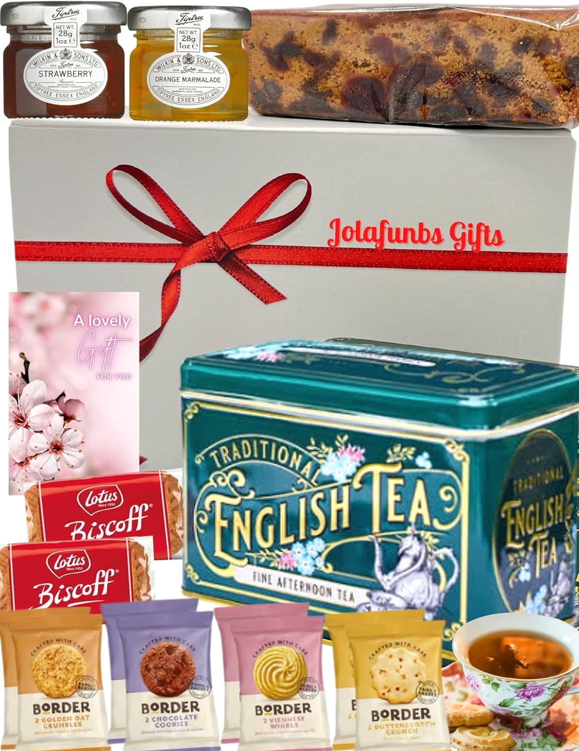 Afternoon Tea Hamper Gift, 40 Afternoon English Tea Bags, 8x2 Border Biscuits 2x Lotus Biscoff Biscuit, Fruit Cake, Jam Portions &Greeting Card, Valentine, Birthday Hampers For Women Food Gifts