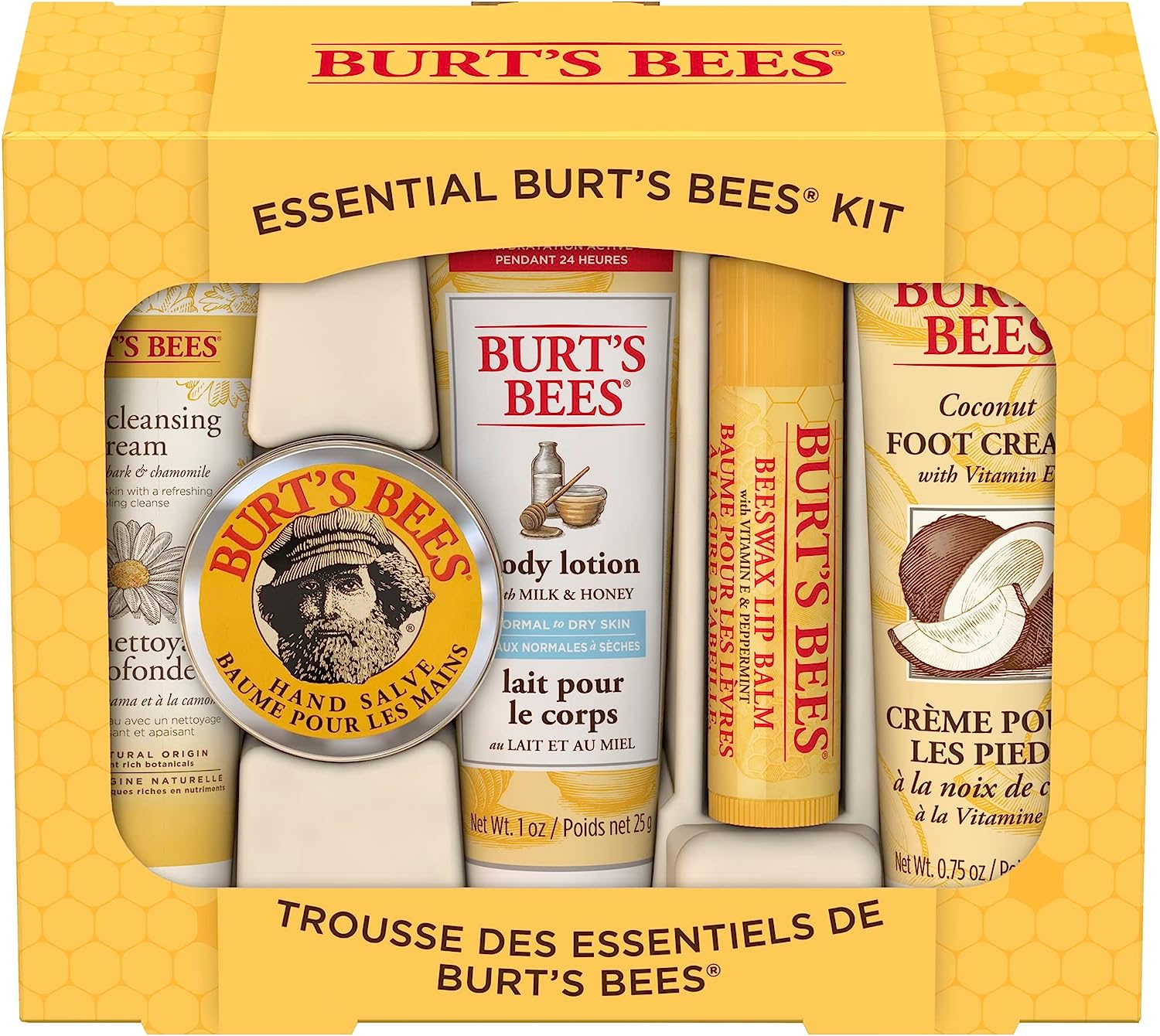 Burt's Bees Essential Gift Set, Lip Balm, Hand Salve, Body Lotion, Foot Cream & Face Cleanser, 5 Travel Size Products