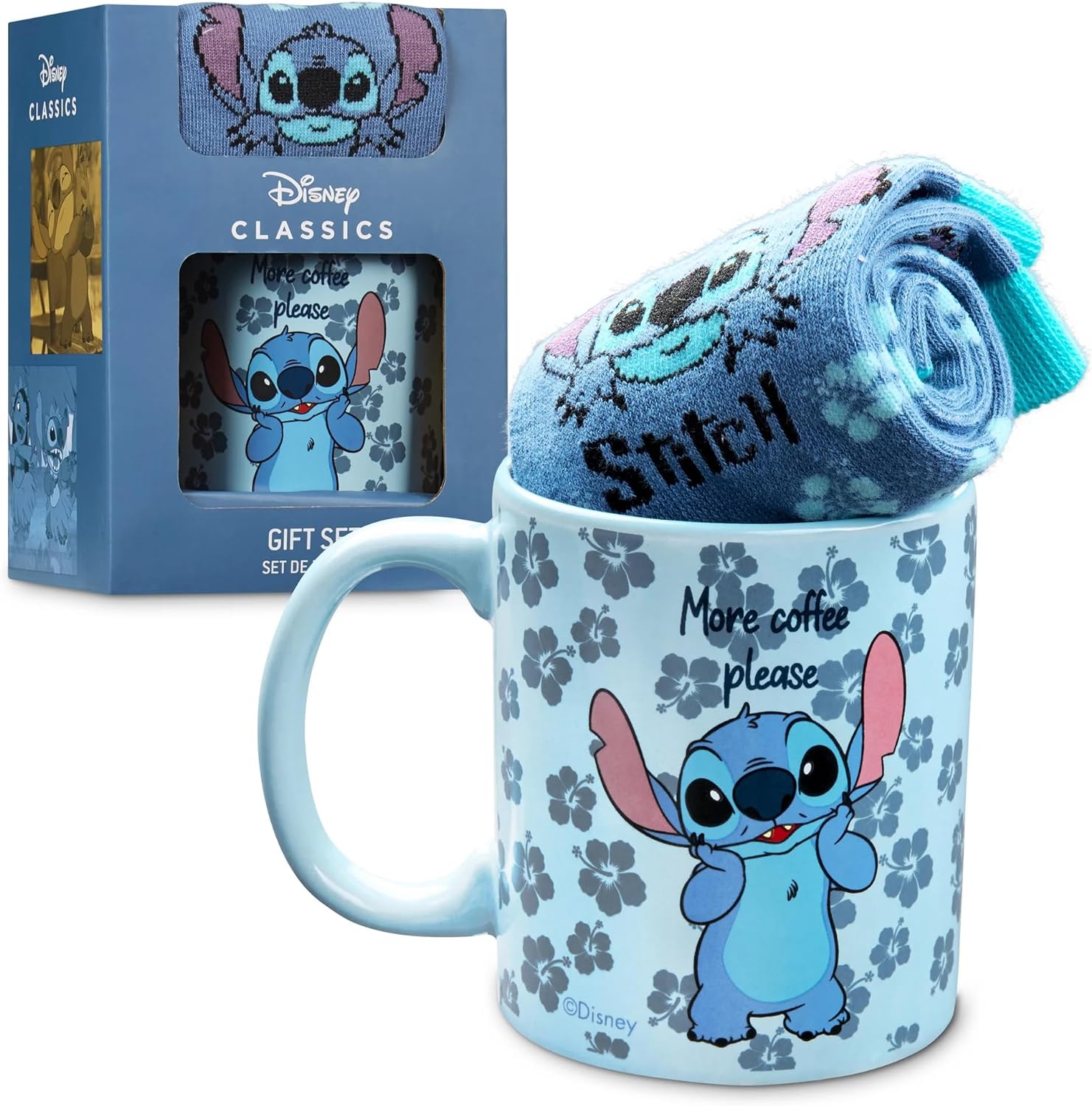 Disney Stitch Mug and Socks Set for Women and Teens, Size UK 3-6.5 Women Socks and Mug Gift Set for Kids and Adults, (Blue Stitch)