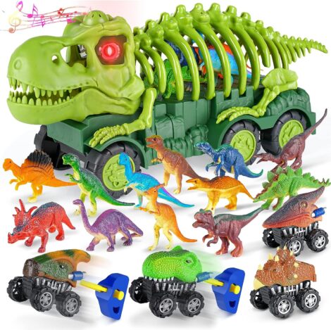 Aoskie Dinosaur Truck Toy with Lights and Sounds for Kids 3-7, Includes 12 Dinosaurs and Mini Cars