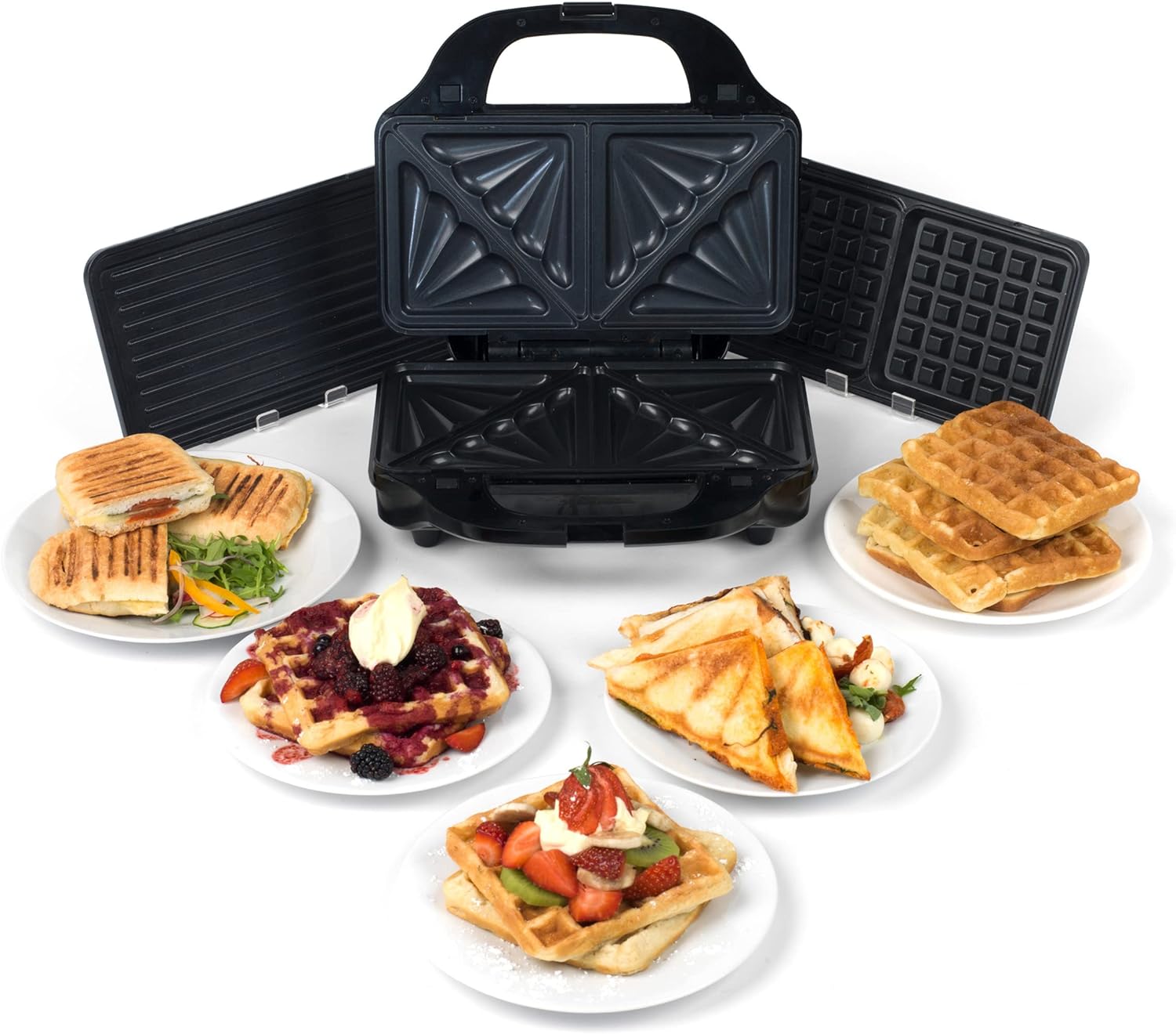 Salter EK2143 3-in-1 Snack Maker - Deep Fill Waffle Iron, Sandwich Panini Press & Toastie Maker, Interchangeable Non-Stick Plates, 900W, Indicator Lights, Automatic Temperature Cool Touch Handle